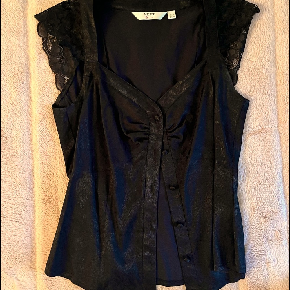 Black Button Front  Lace Sleeve classic Top